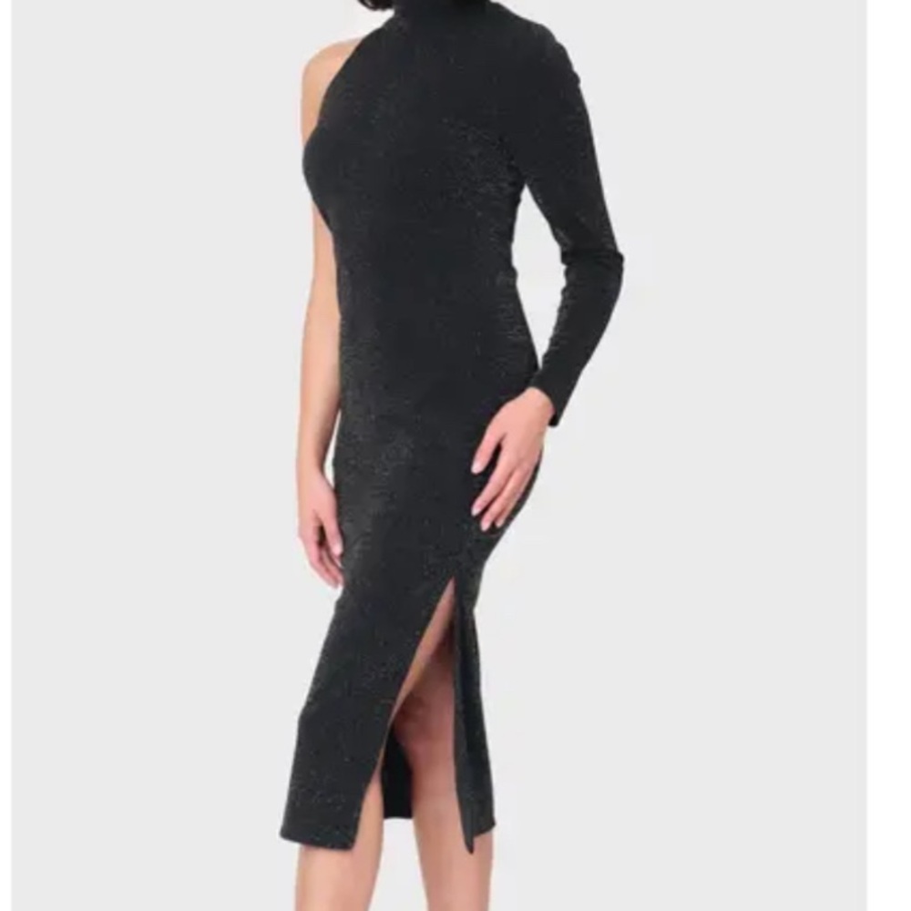 Gibson One Shoulder/Sleeve Black with Shimmer Midi Dress